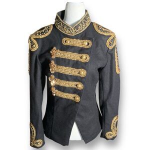 Classyak Black Gold Metallic Sequin Embellished Military Style Tailored Jacket